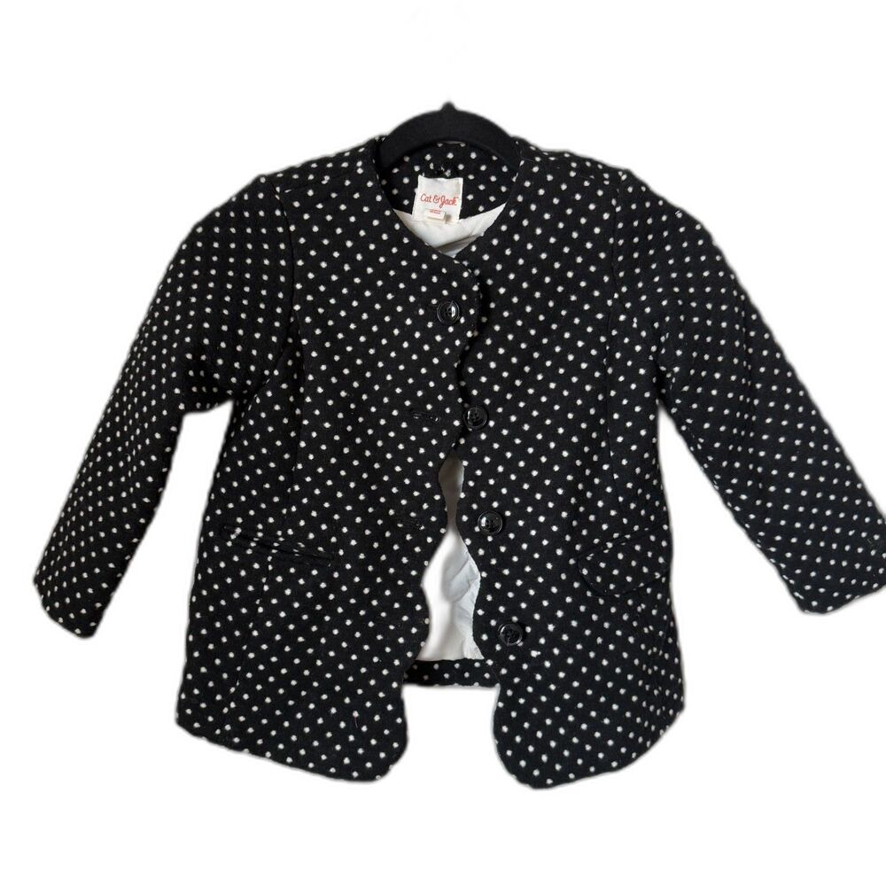 Cat & Jack Girls Black White Polka Dot Pea Coat Jacket Size 5T Quilted Lining